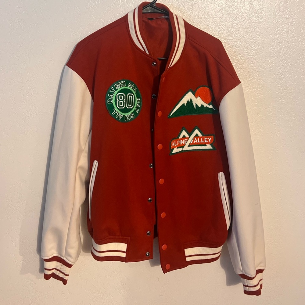 Zara Men’s Alpine Valley Red and White Lettermen Jacket (L)
